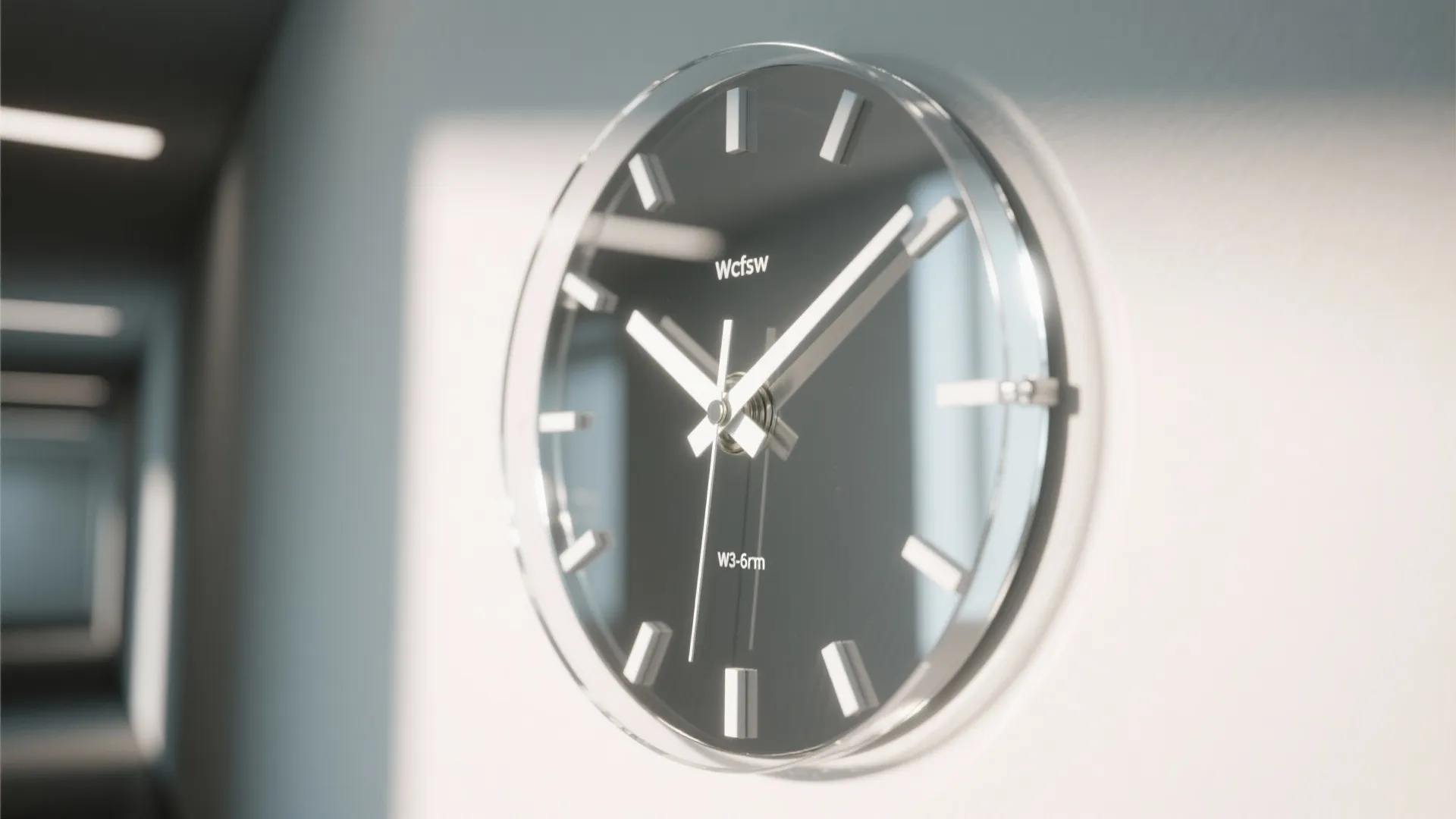 Modern round wall clock with a black face and silver hands showing the room time