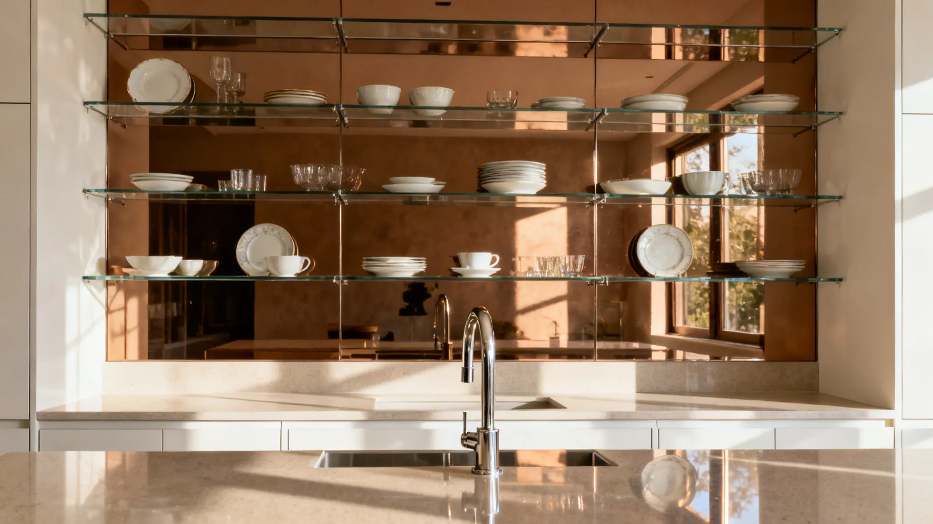 Wall cabinet with glass shelves and a bronze mirrored back reflecting light and depth.