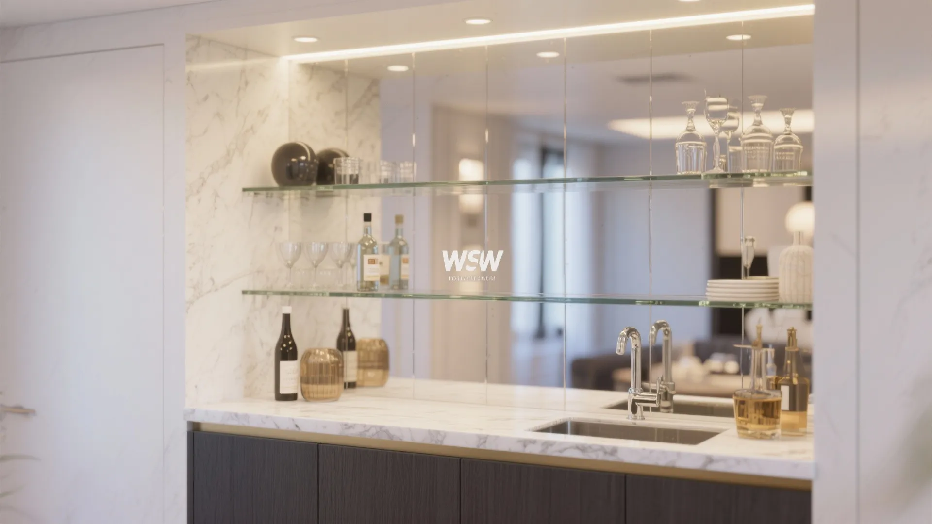 Modern home bar with marble countertop glass shelves mirrored wall wine bottles and silver water faucet