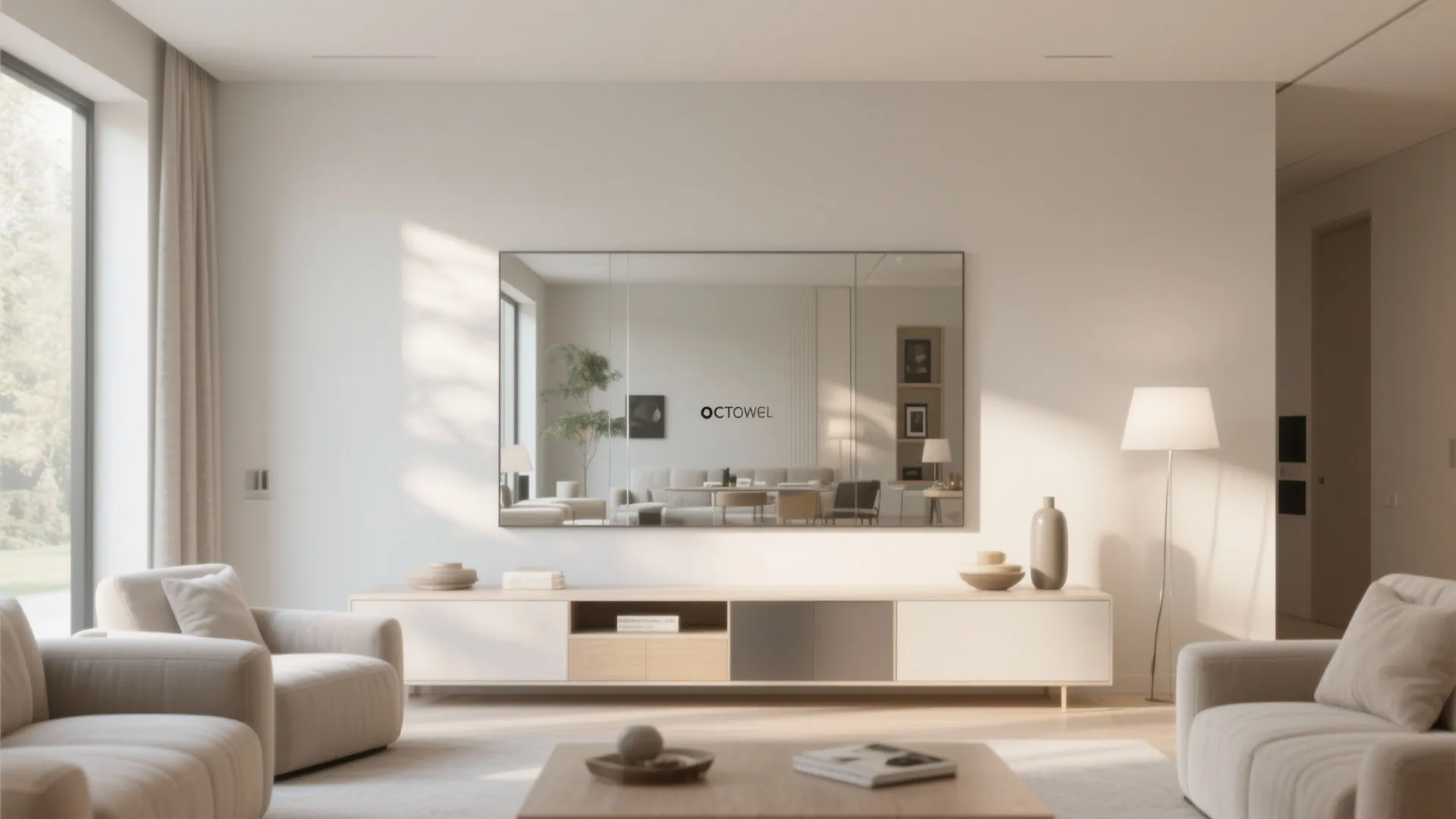 Console table with large wall mirror reflecting light