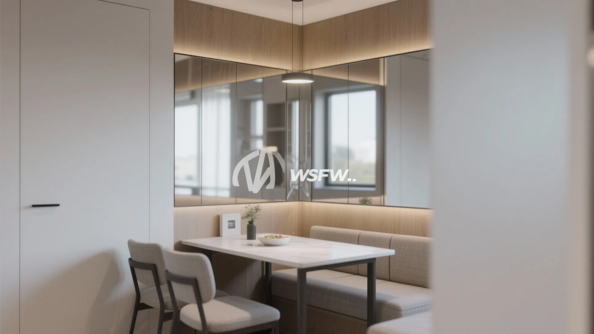 Small dining area featuring marble table with grey bench two chairs and large mirror wall