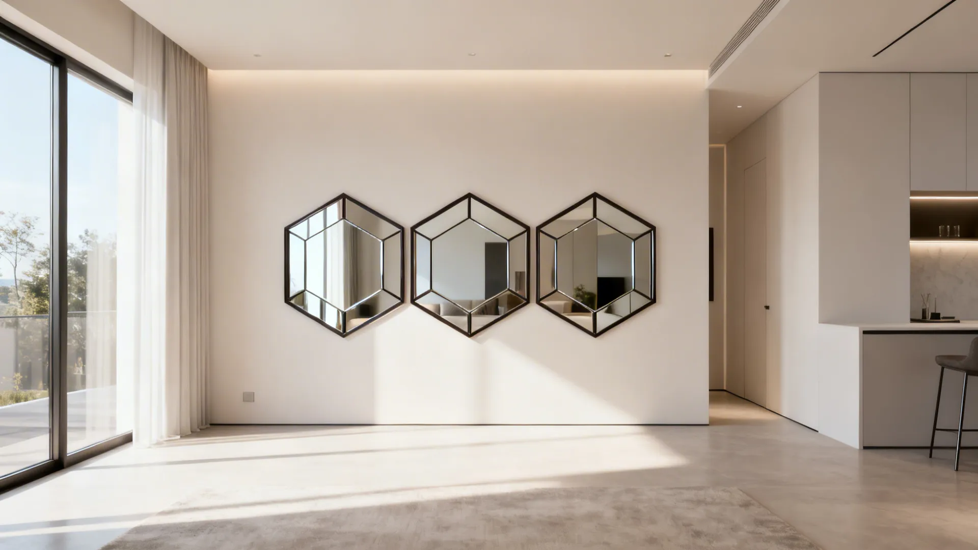 Compact living room with hexagonal mirror-backed metal frames reflecting light to widen the space.