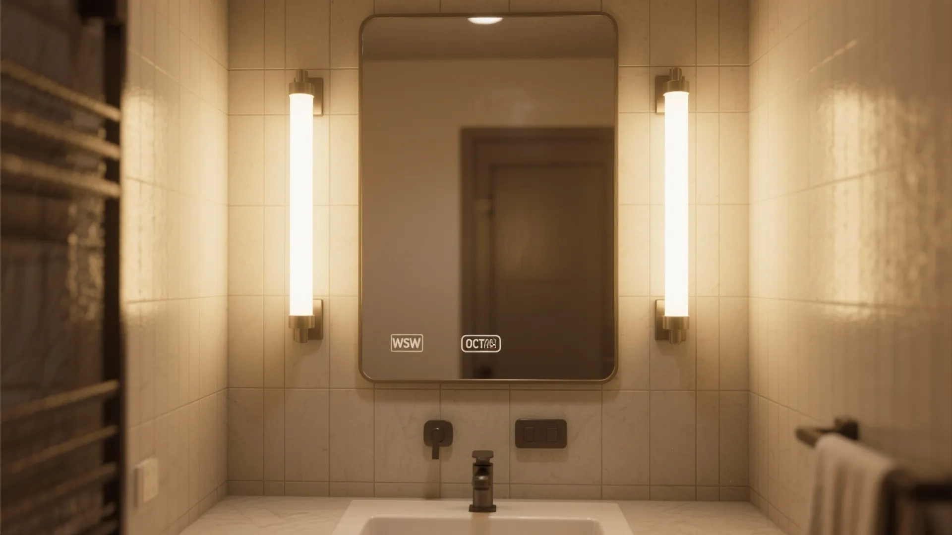 Modern bathroom with a glowing mirror and two vertical wall light fixtures on tiled walls