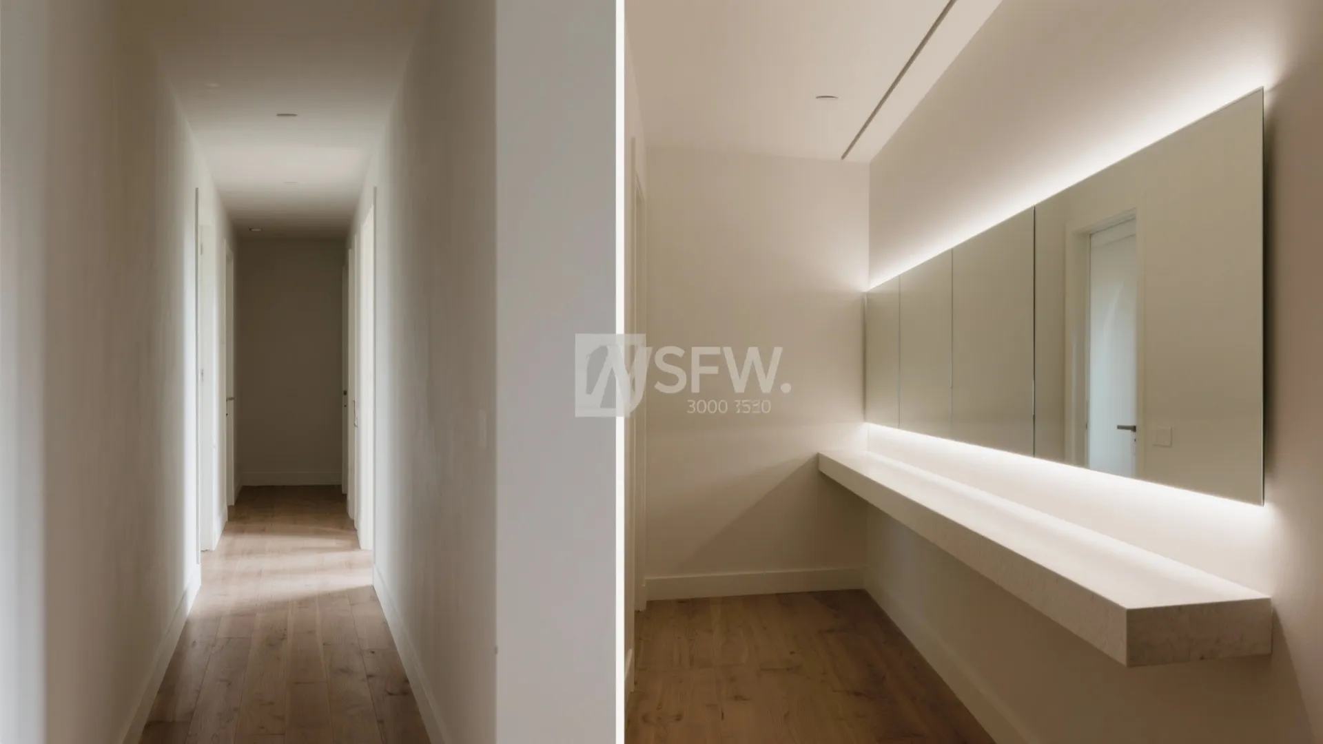 Before and after comparison showing a dark hallway updated with a backlit mirror and shelf