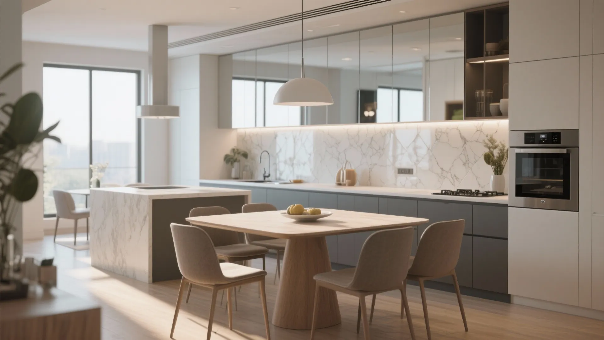 Contemporary kitchen design with marble wall panel grey cabinets wooden dining table and ceiling light