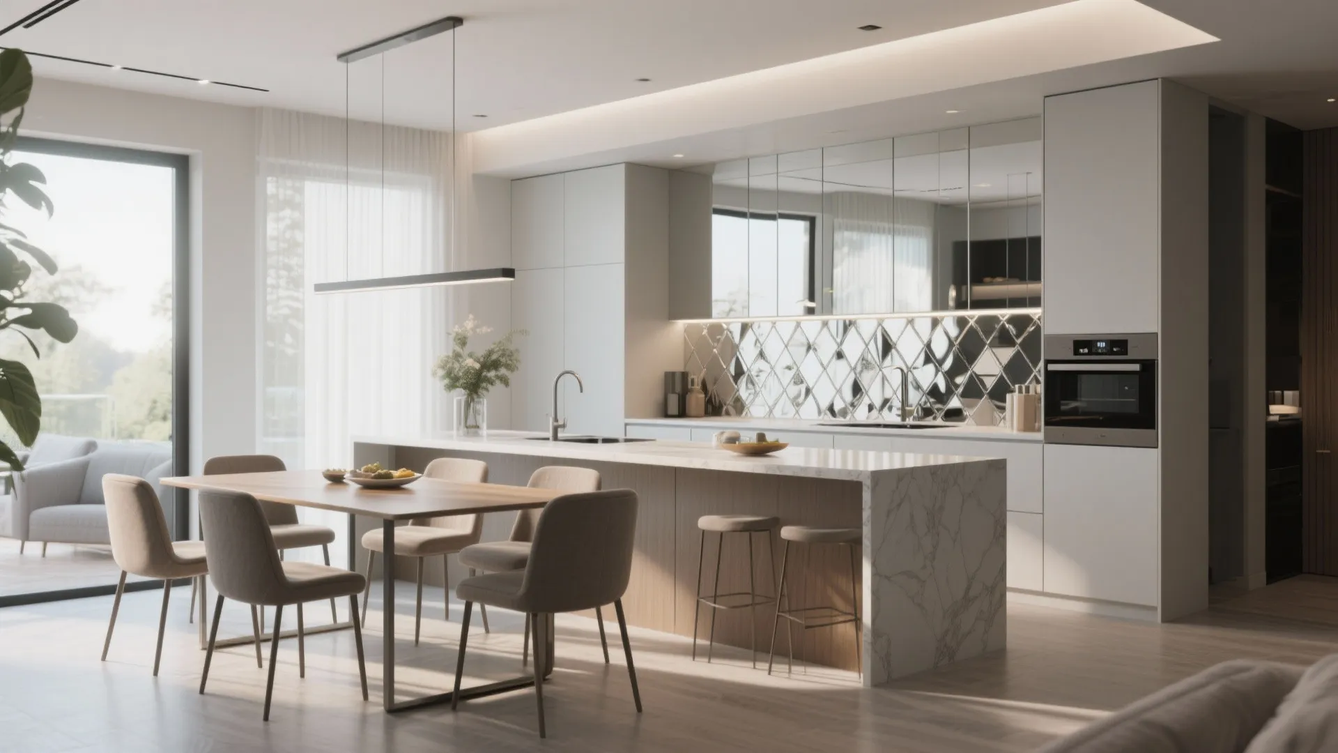 Bright kitchen with marble island and a diamond pattern mirror backsplash reflecting the dining area