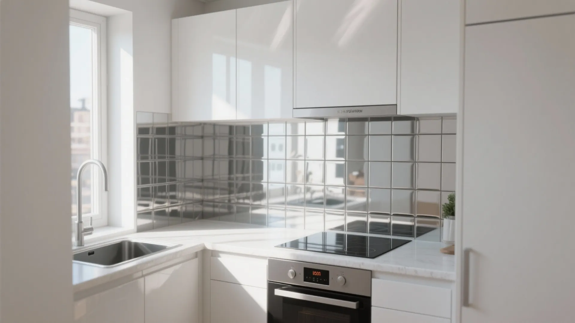 Bright white small kitchen with shiny silver square tiles and a black stove under cabinets