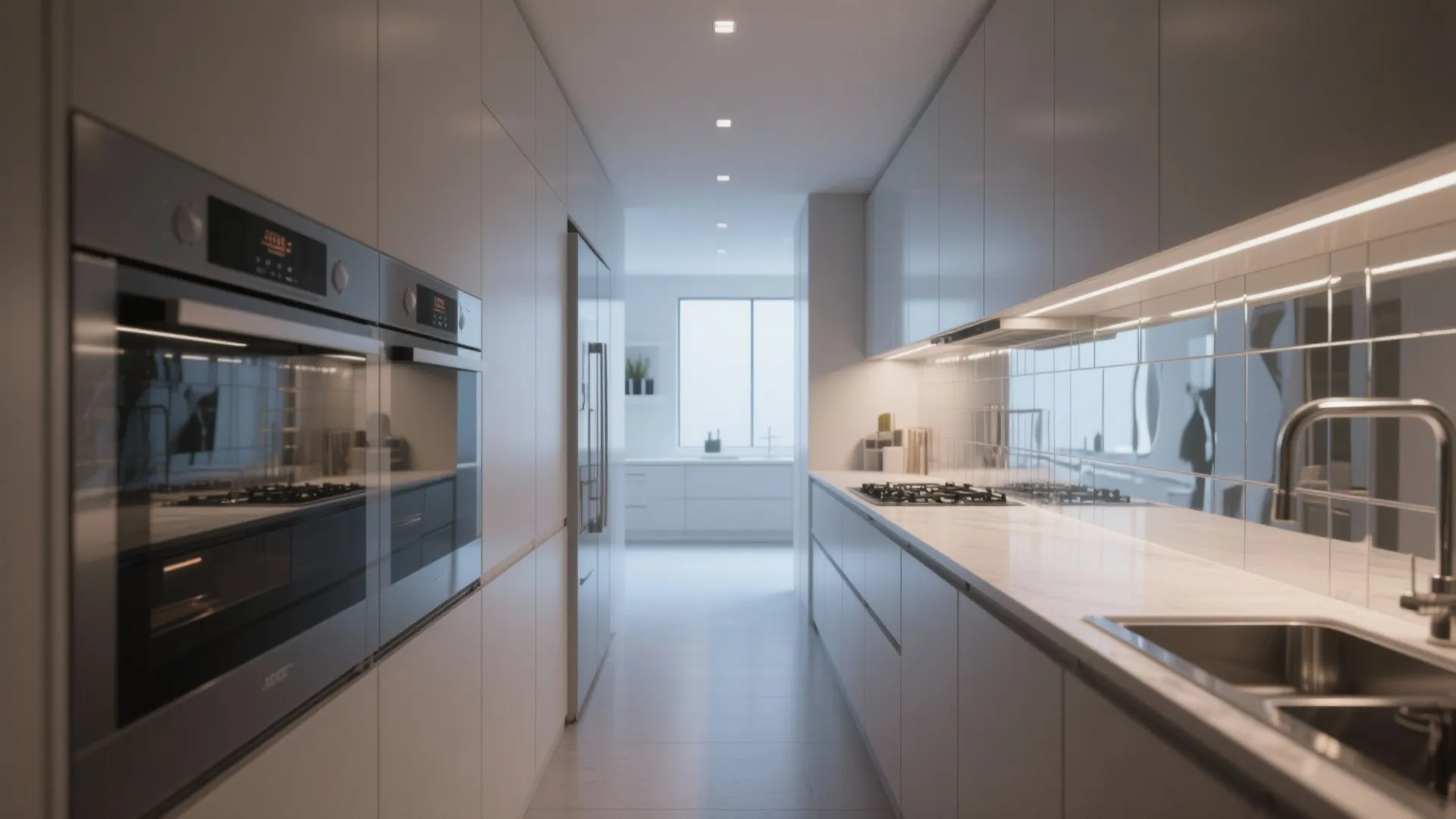 Narrow white galley kitchen with glossy wall panel, double ovens, minimalist cabinets, and window view