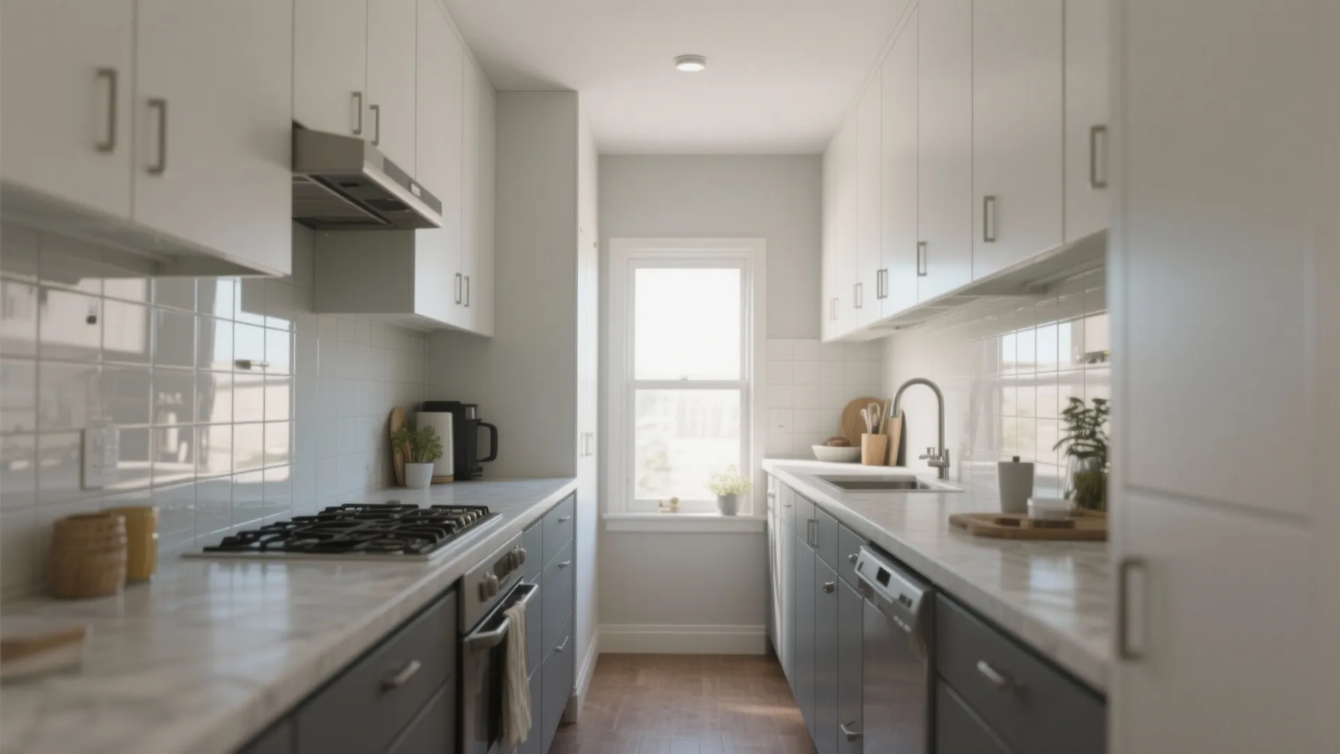 Small galley kitchen featuring white upper cabinets grey lower cupboards marble countertops and bright window