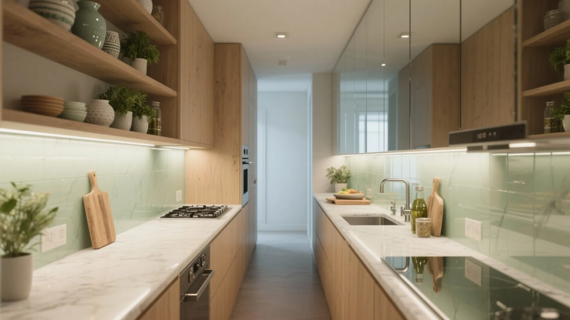 Mirrored backsplash in a compact kitchen