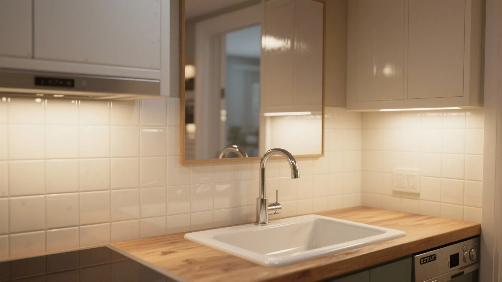 Small kitchen sink facing a mirrored glossy backsplash that visually doubles the space and reflects warm pendant light.