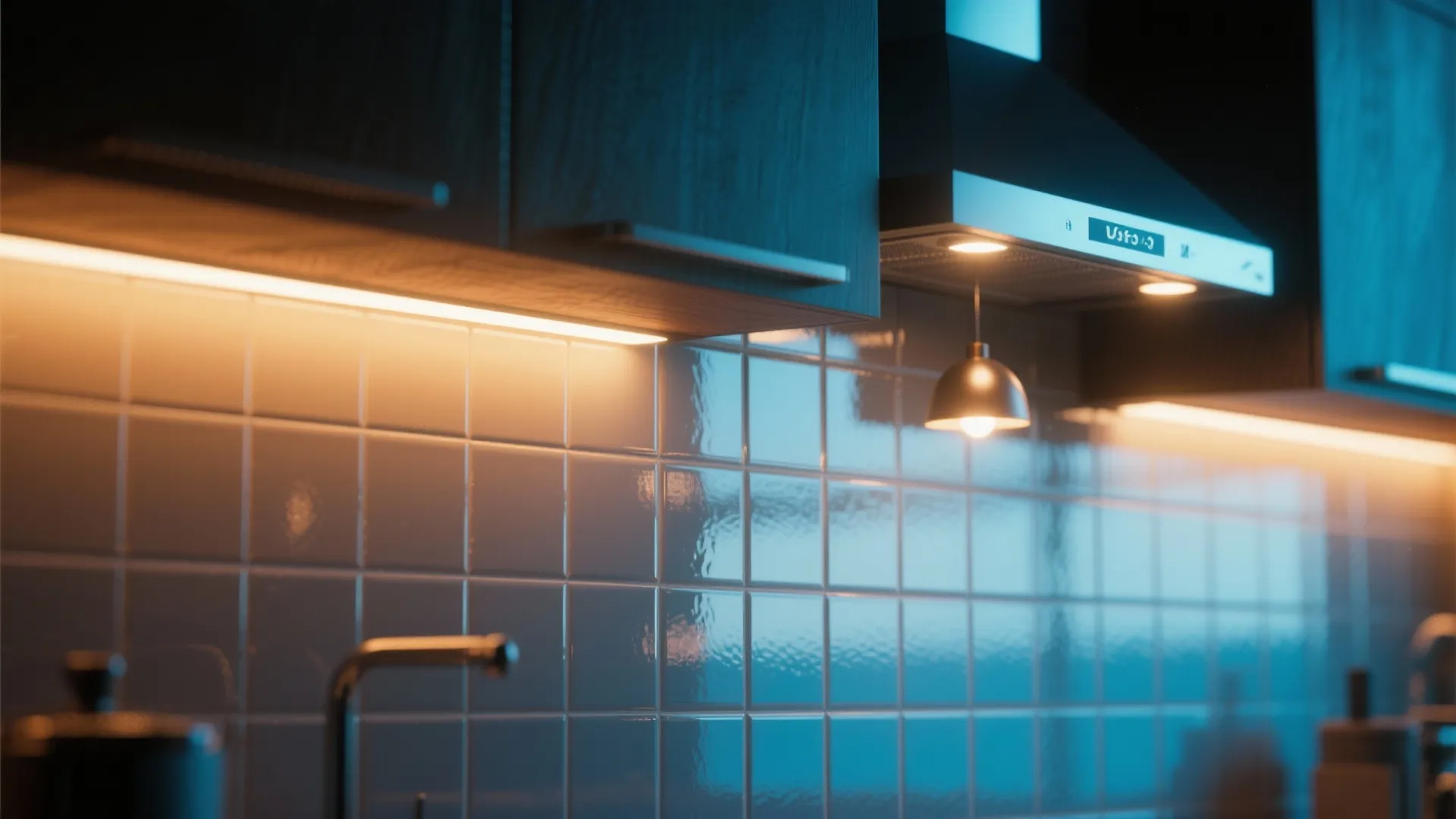 5. Reflective backsplashes and layered lighting