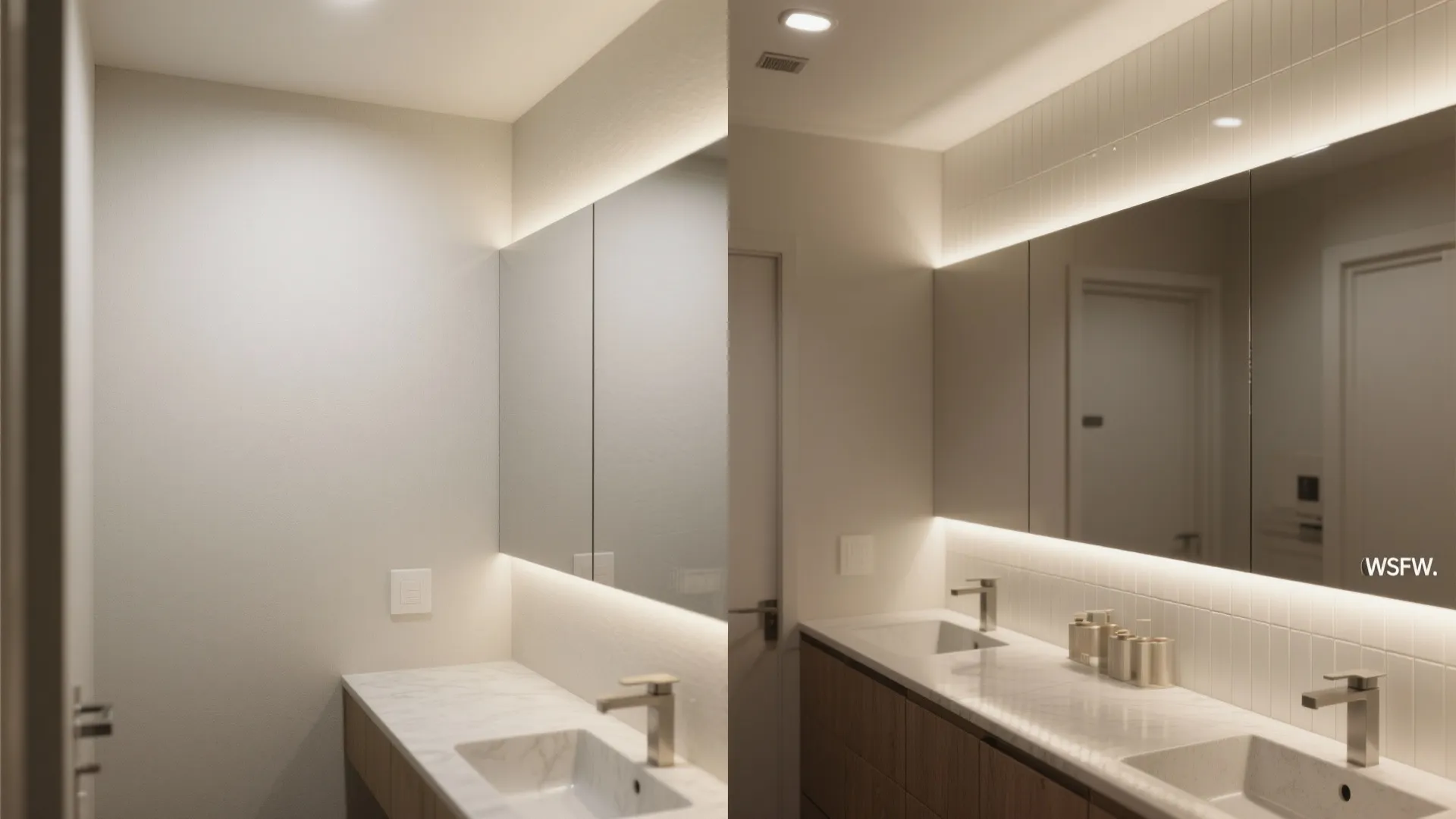 Before and after of a vanity wall transformed by a full-height mirrored backsplash.