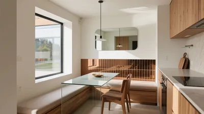 Modern Kitchen Dining Nook with Copper Tile Accent