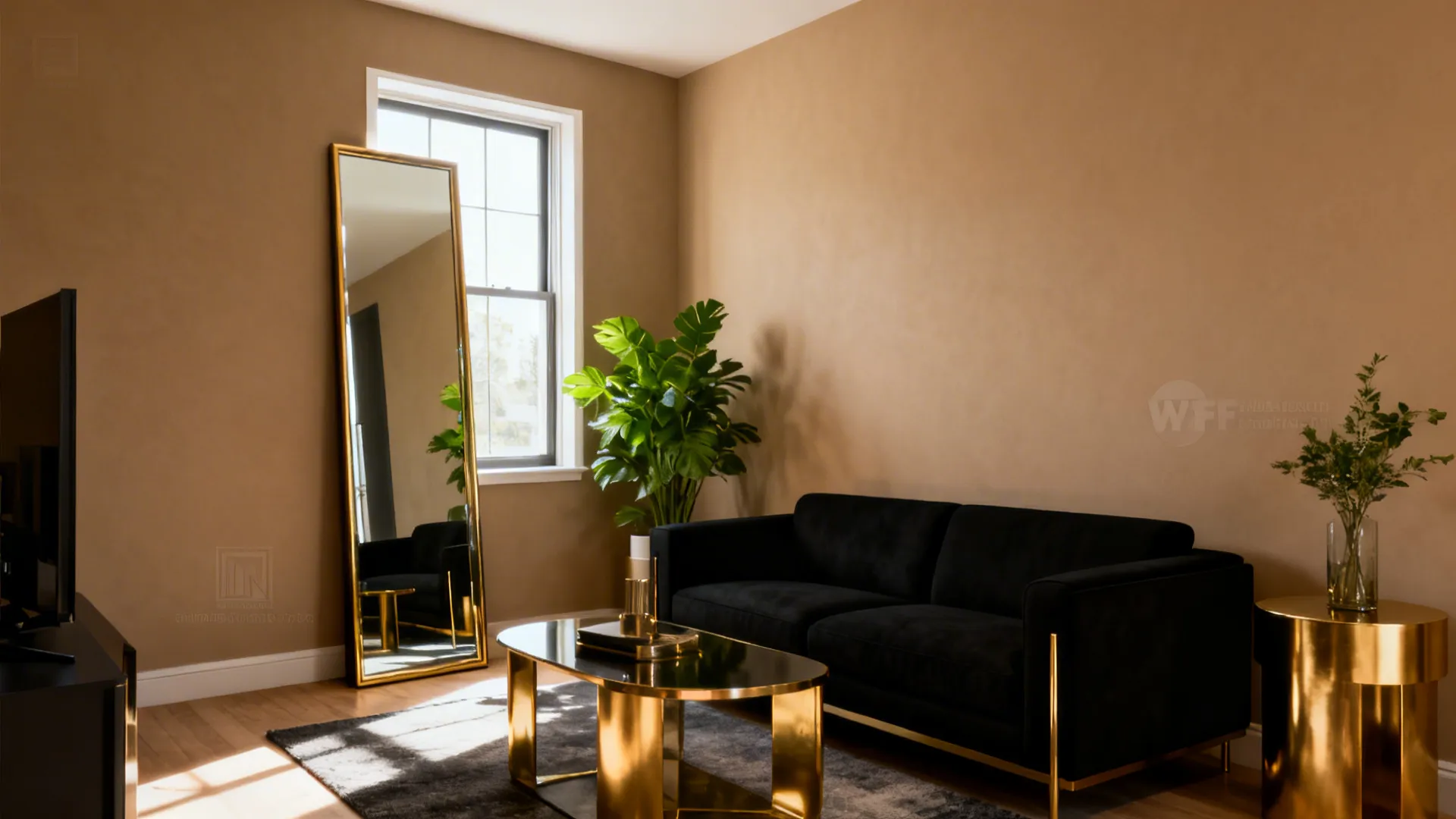 Black sofa and gold accents balanced by warm-neutral walls and a tall mirror reflecting window light.
