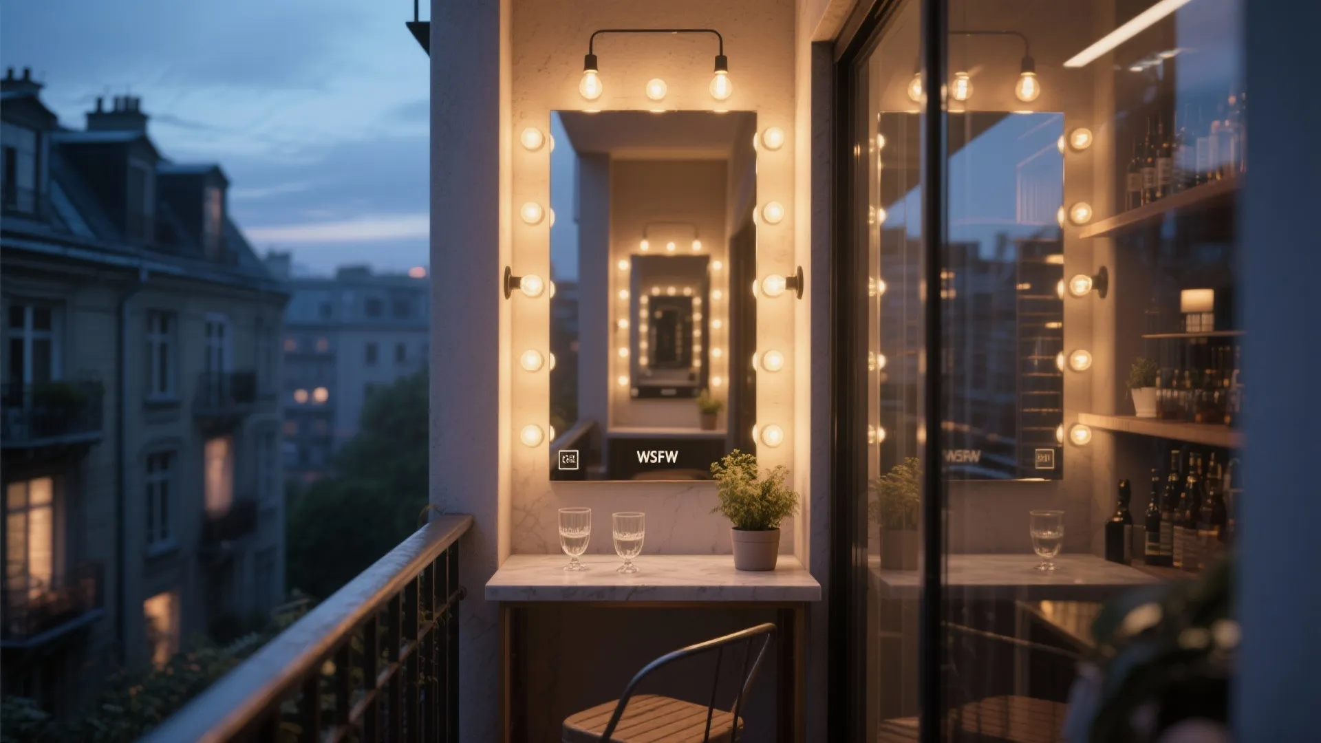 Apartment balcony at night with a large lighted mirror small table chair and city view