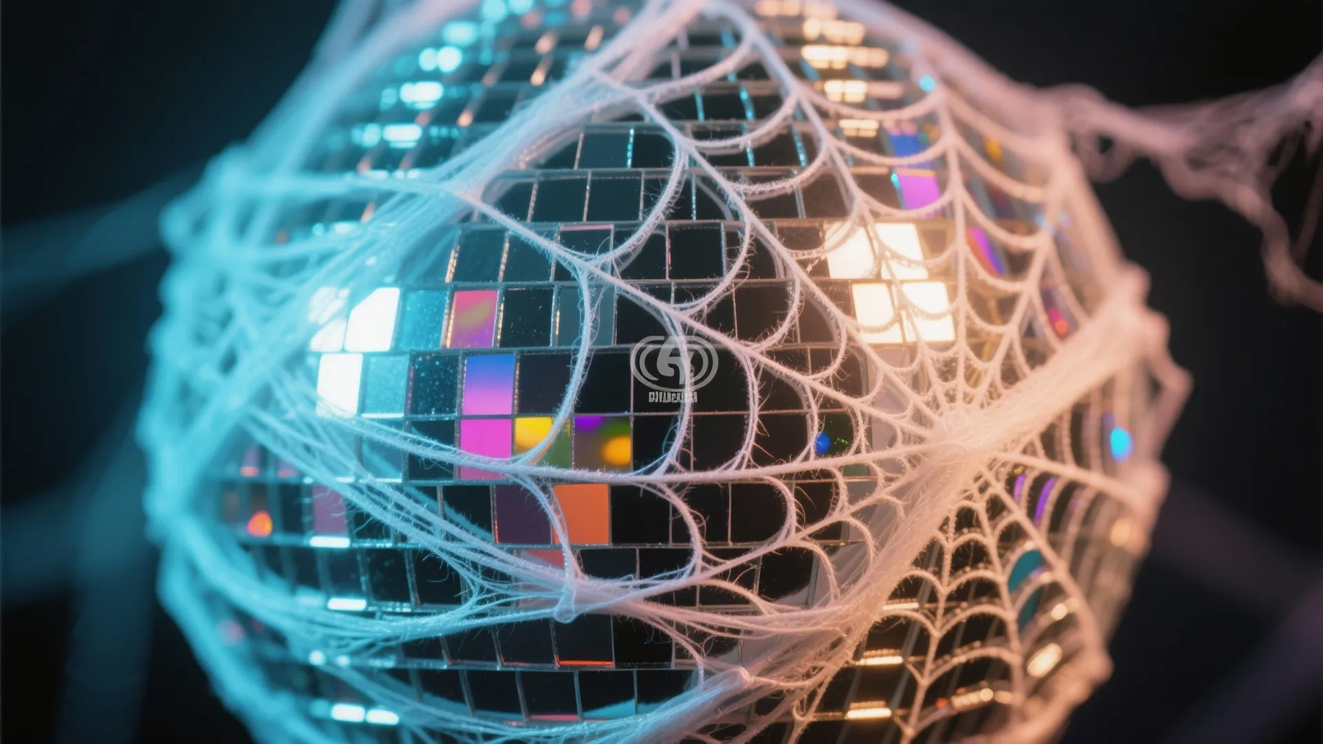 Shiny silver disco ball covered in white spider webs for a spooky Halloween home decoration