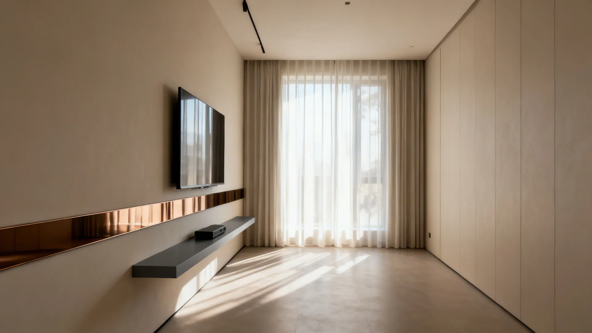 Minimalist living room with wall mounted television, long floating shelf, wall panel, and white curtain