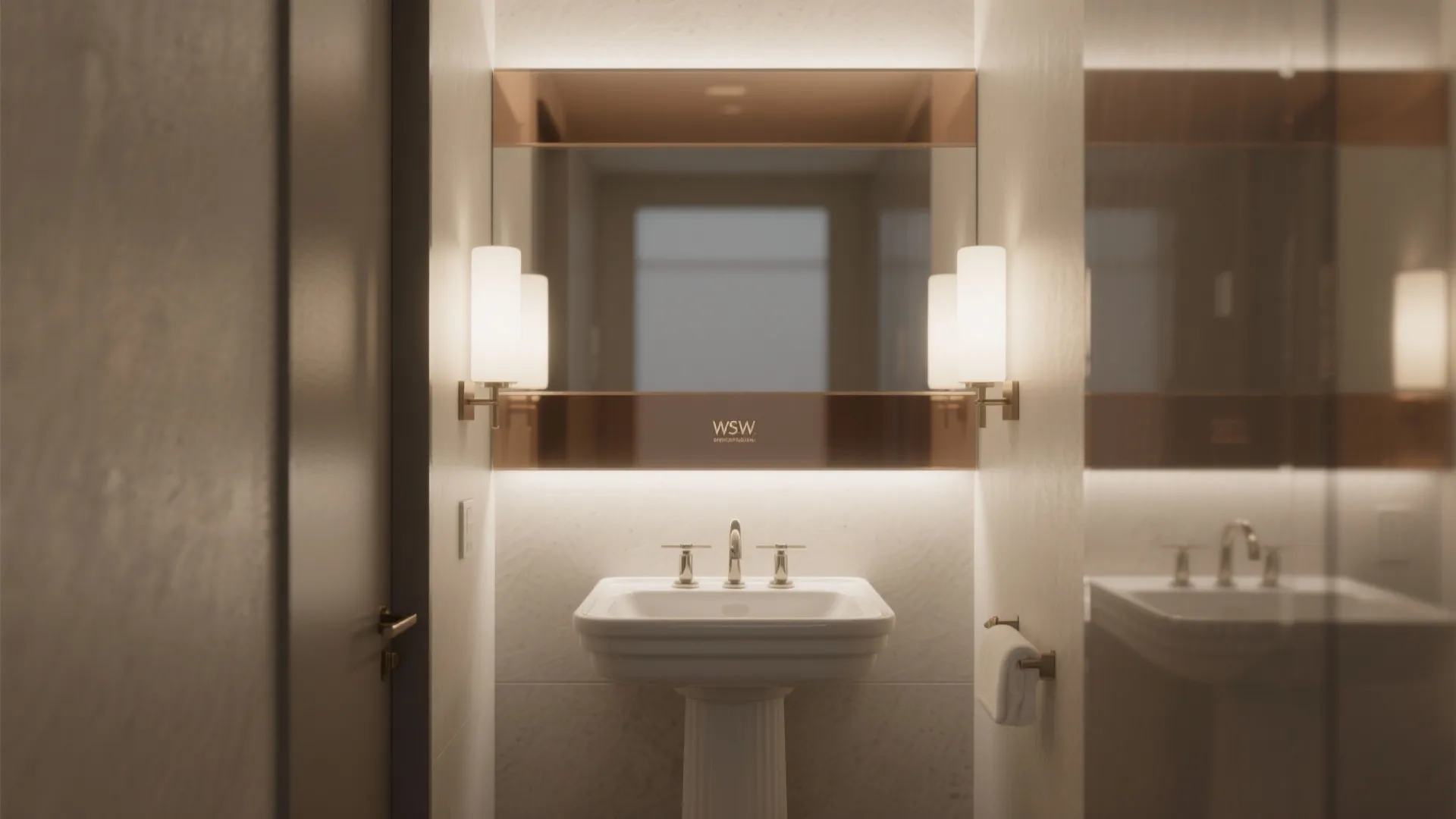 Bathroom interior design featuring a large mirror with copper trim white sink and two wall lights