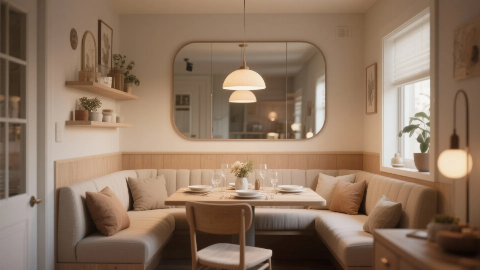 Mirror above banquette seating creates space and warmth