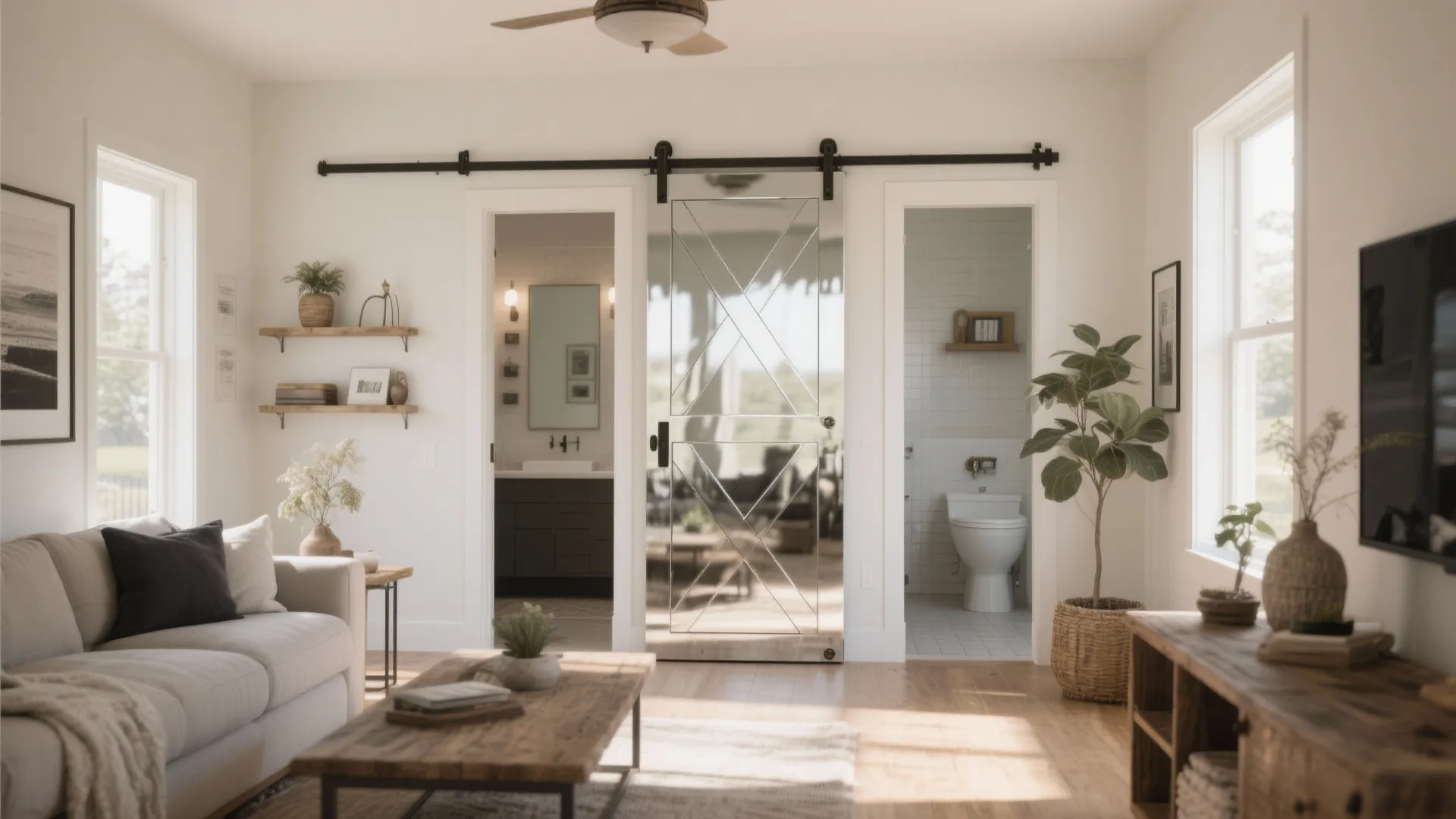 Modern living room with a mirrored sliding barn door between two doorways and white walls
