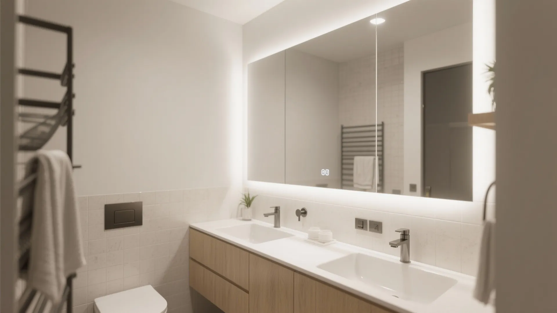Modern bathroom featuring double sinks with wood cabinet and a large lighted mirror on wall