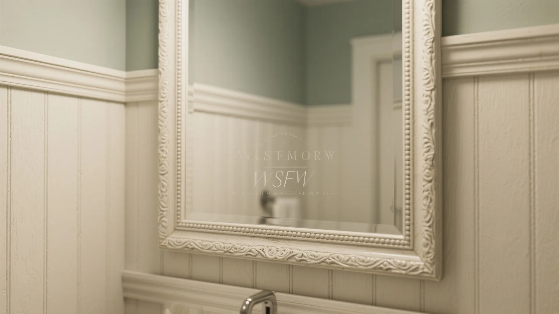 Classic bathroom mirror with white decorative frame on cream wall panel and green painted wall