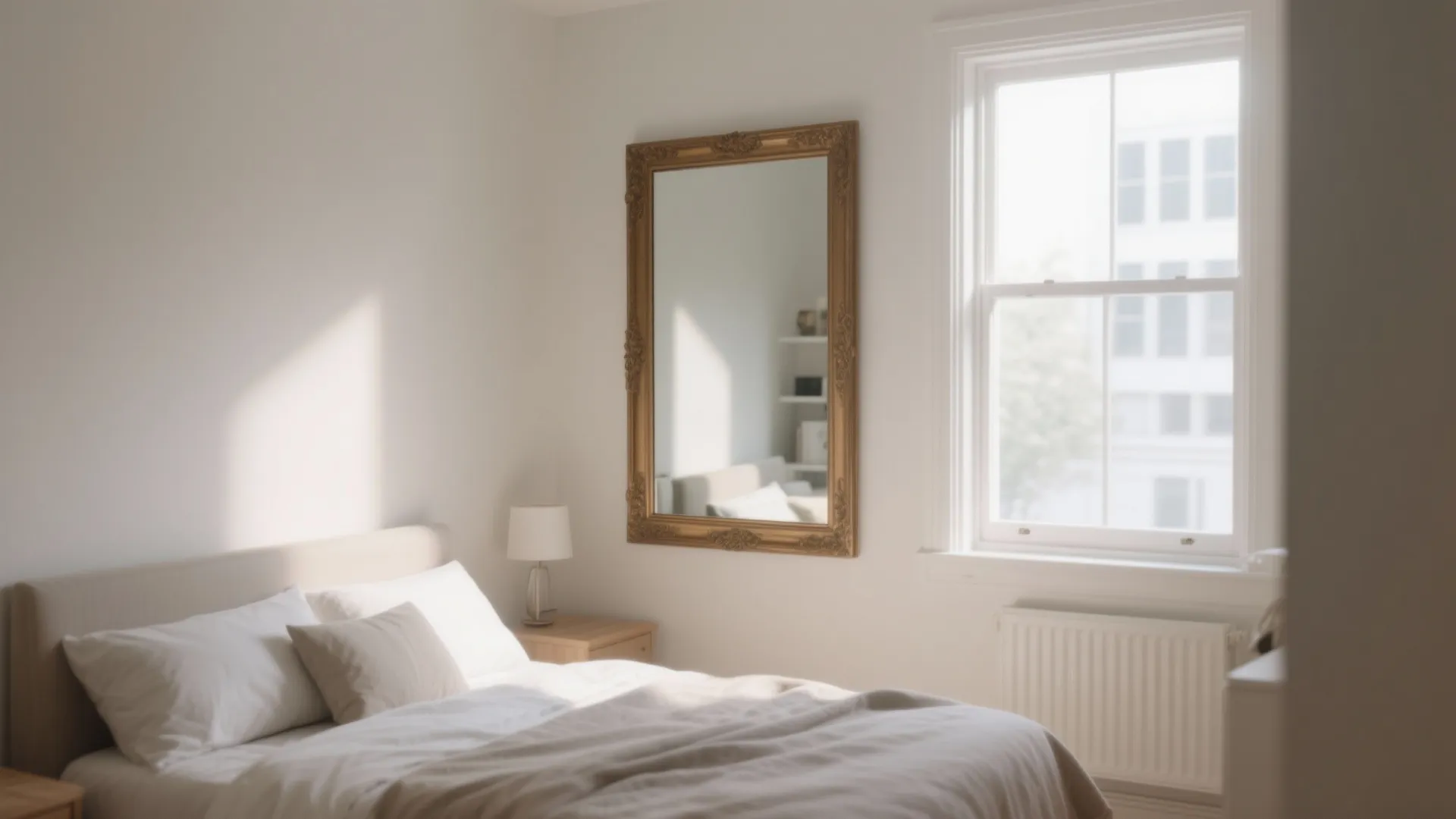 Bright bedroom with white bed and large gold mirror on wall beside a bright white window