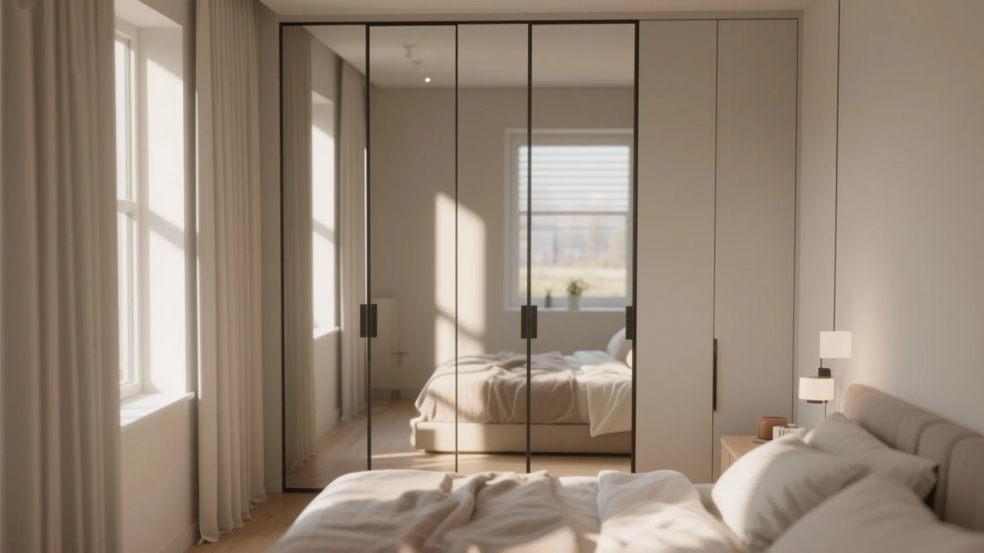 Modern bedroom featuring a large floor to ceiling mirror closet reflecting the bed and window