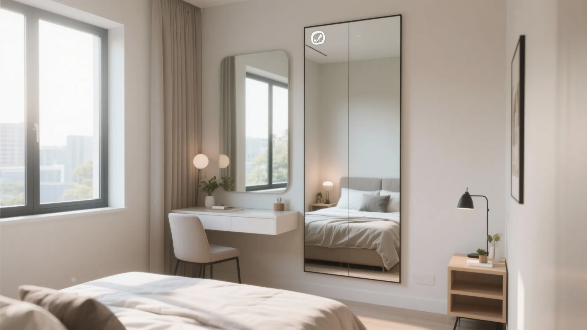 Bedroom interior with white wall desk chair round mirror and tall mirror reflecting cozy bed