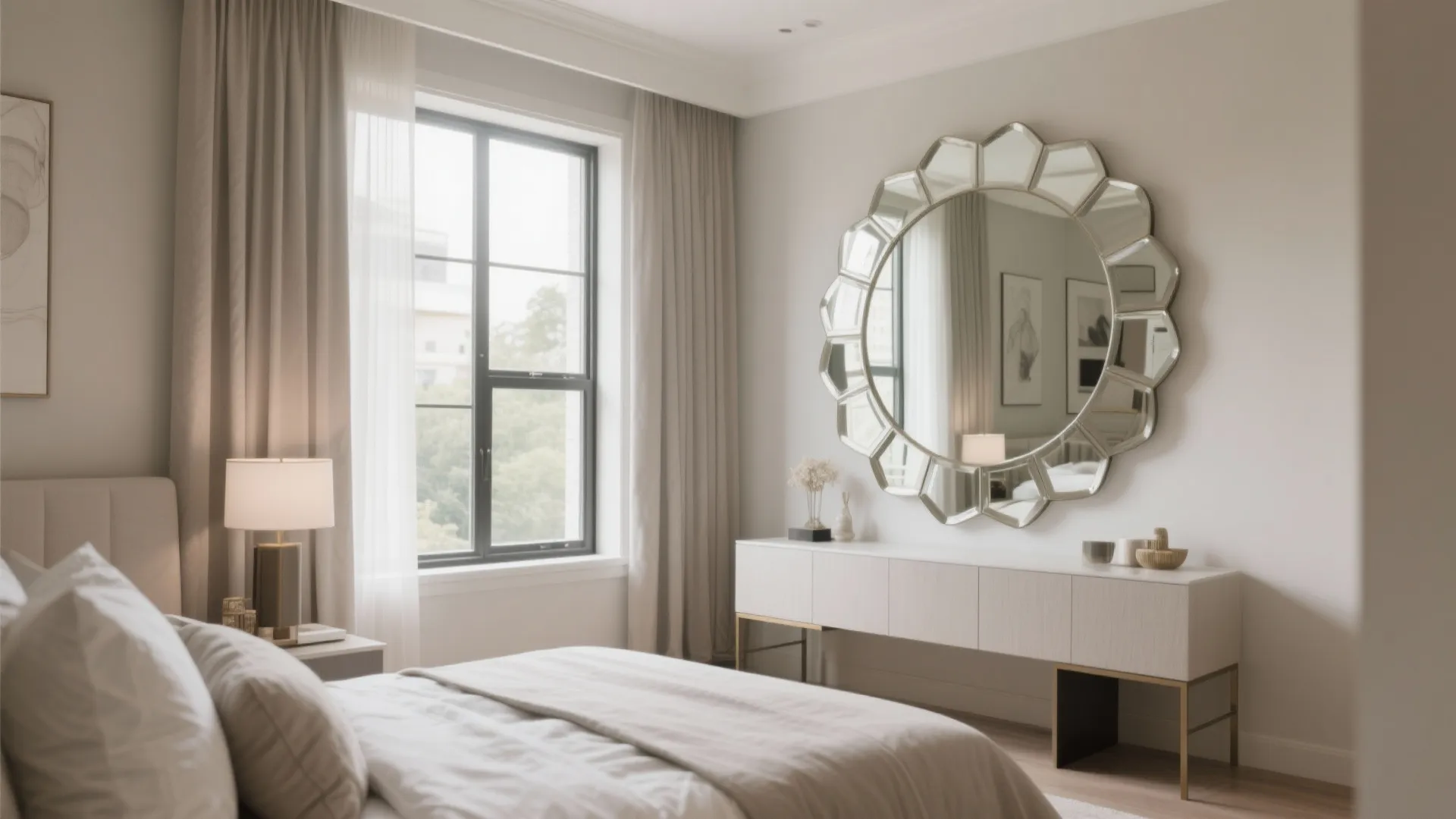 Modern bedroom with large round wall mirror over a white cabinet next to a window