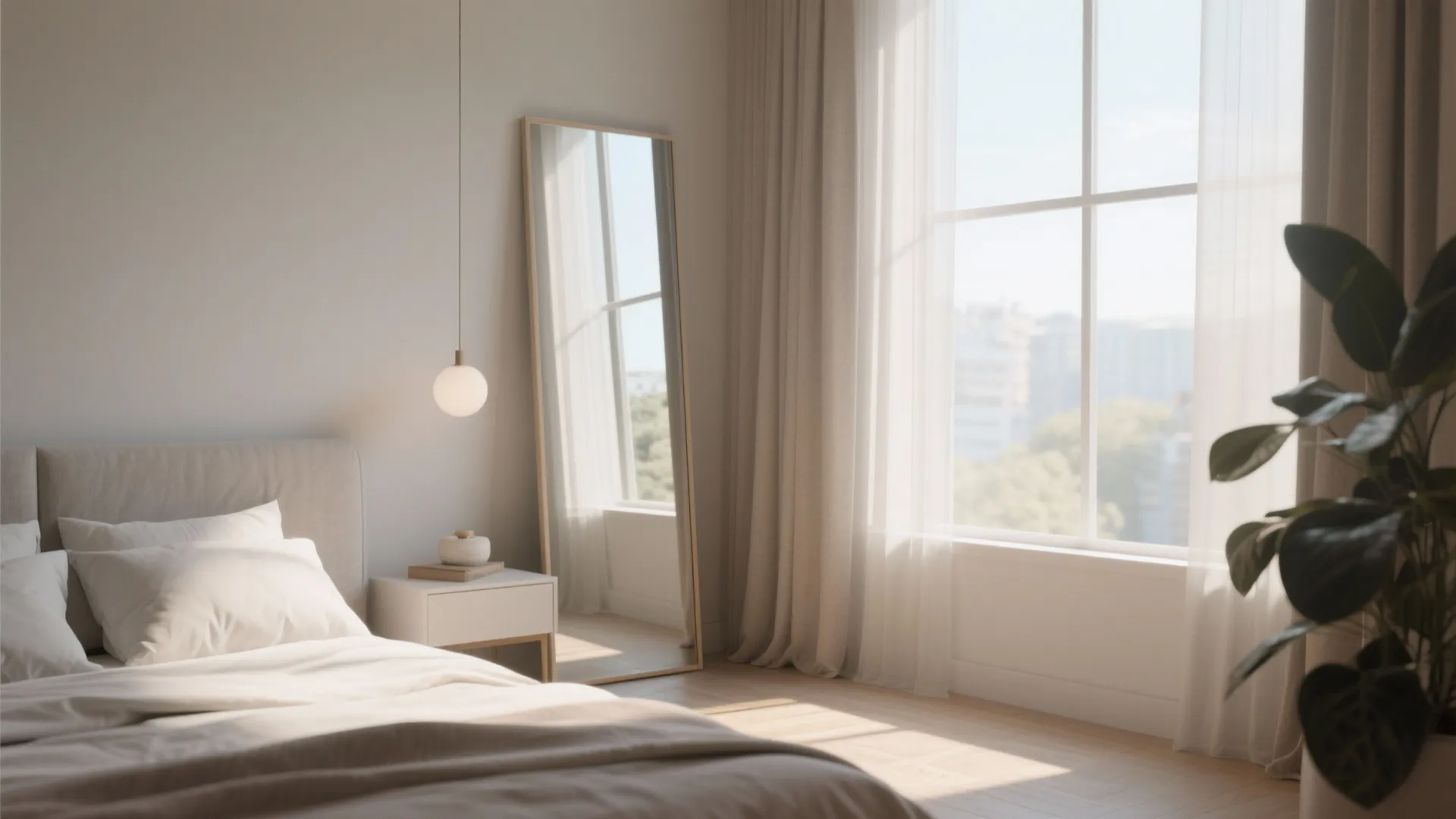 Bright bedroom featuring a tall floor mirror bedside table hanging light window and green plant