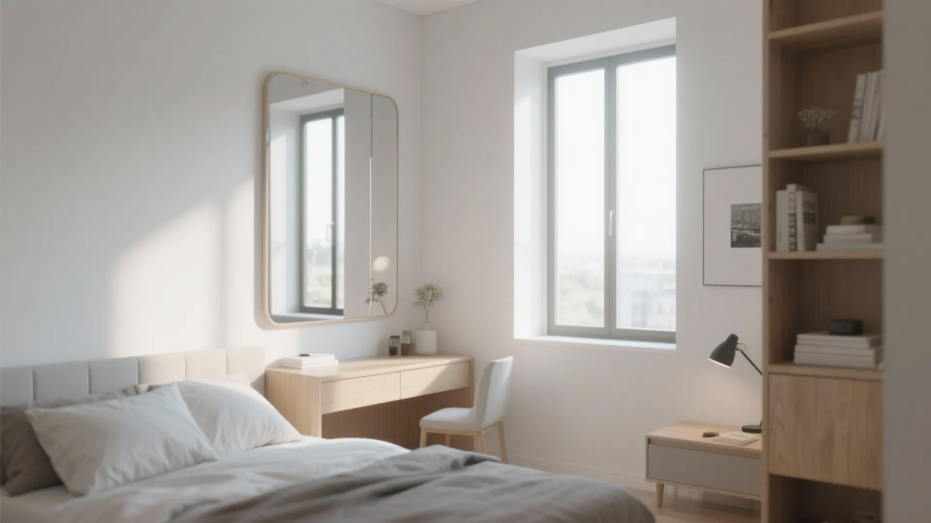 Bright bedroom interior design showing a wooden desk with large mirror and window with natural light
