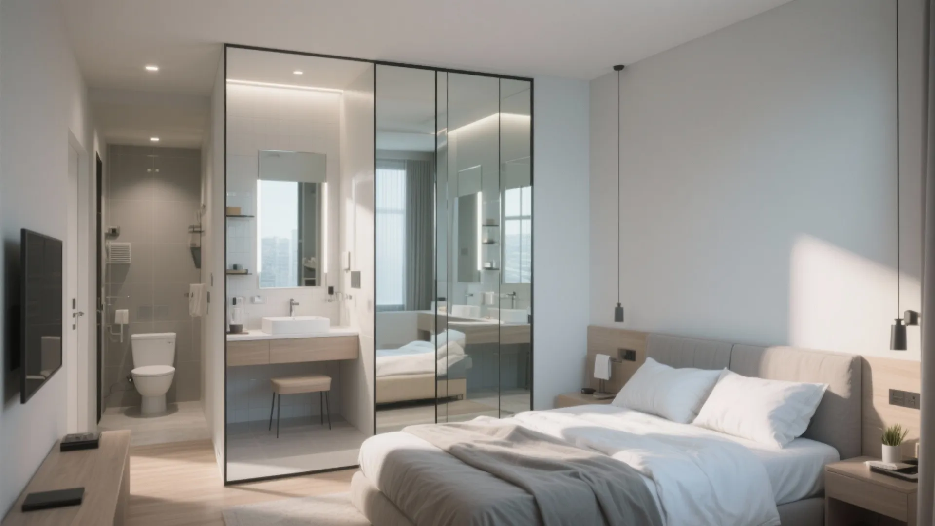 Modern bedroom with glass wall separating a small bathroom featuring a sink toilet and mirror