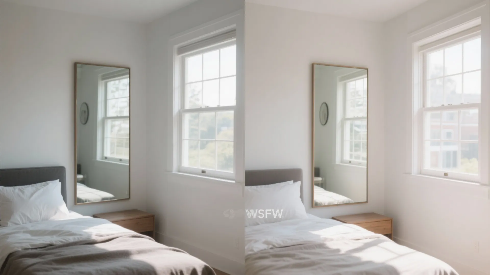 Before and after comparison of a full length mirror placement in a white minimalist bedroom