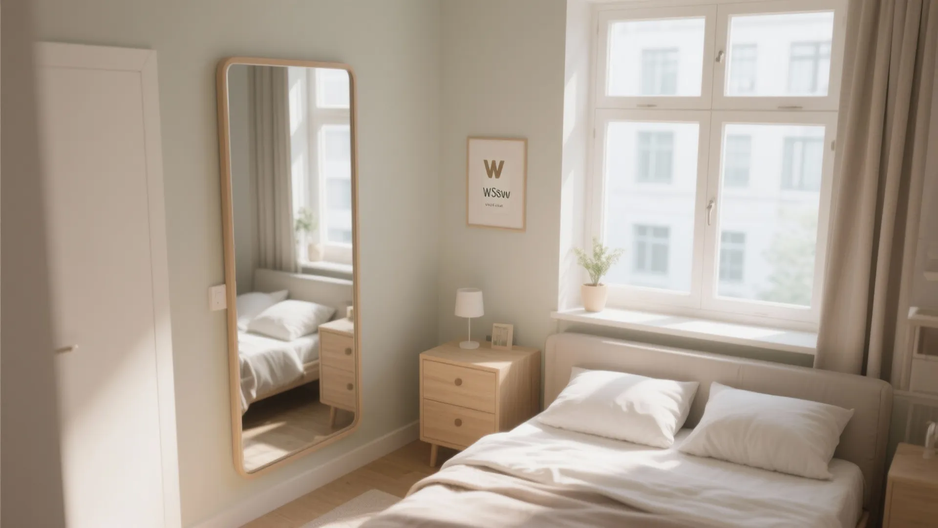 Bedroom with a large wall mirror, wooden bedside table, soft bed, and window overlooking city