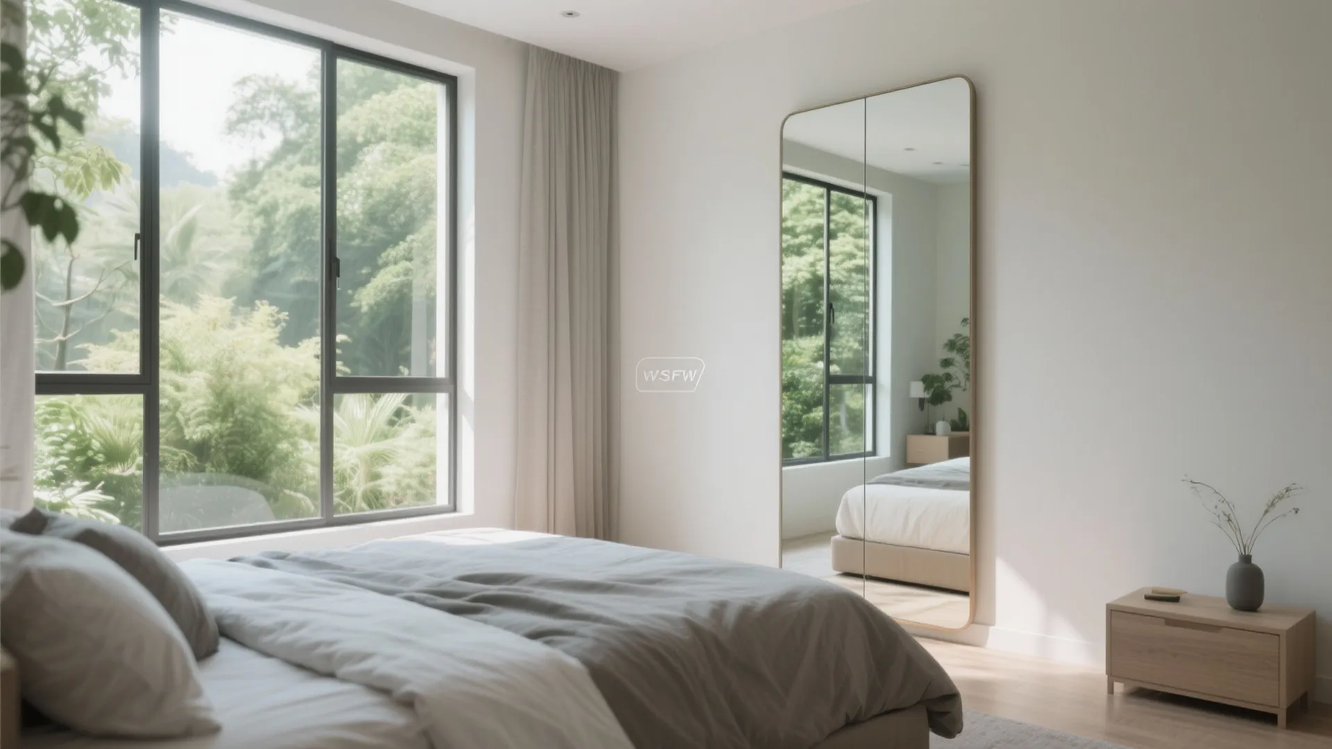 Minimalist bedroom featuring grey bed sheets, large window view of trees, and tall floor mirror