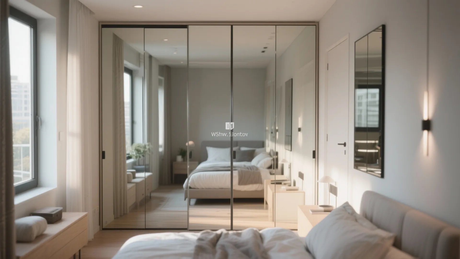Bright bedroom design with large floor to ceiling mirror closet doors reflecting the bed area