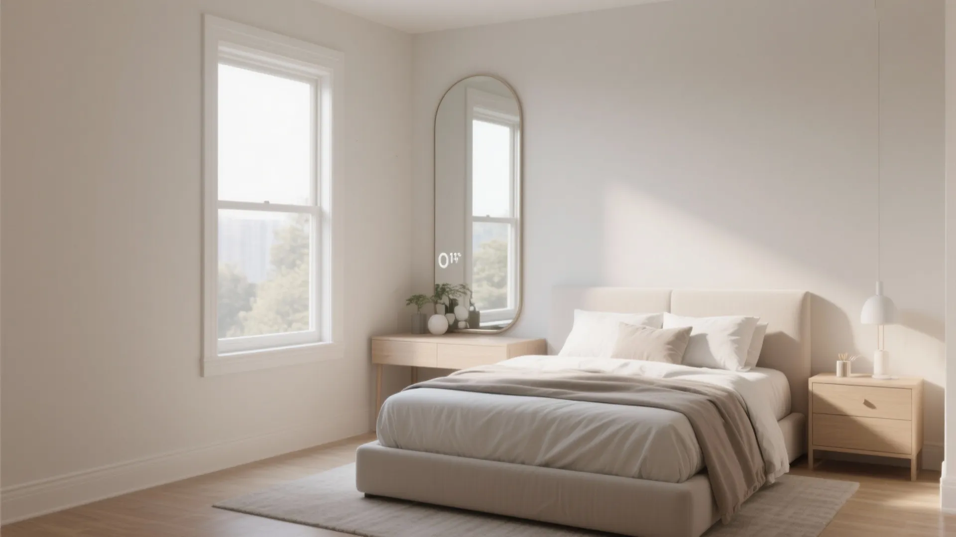 Minimalist white bedroom featuring a large window tall mirror wood bedside table and soft light