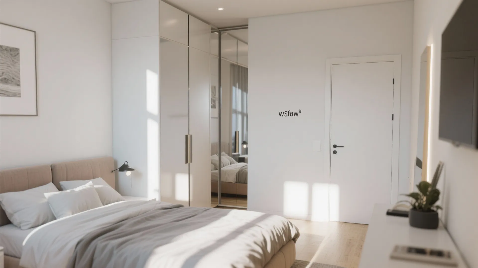 Modern white bedroom with large mirrored closet doors grey bed wooden floor and bright natural sunlight