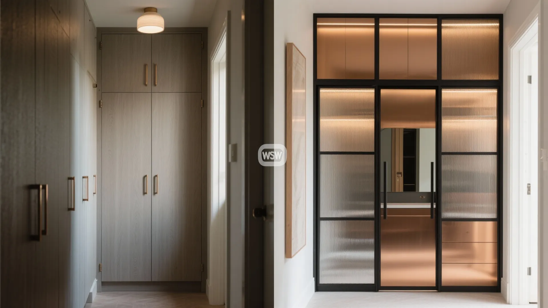 Mirror and glass fronts that widen the corridor