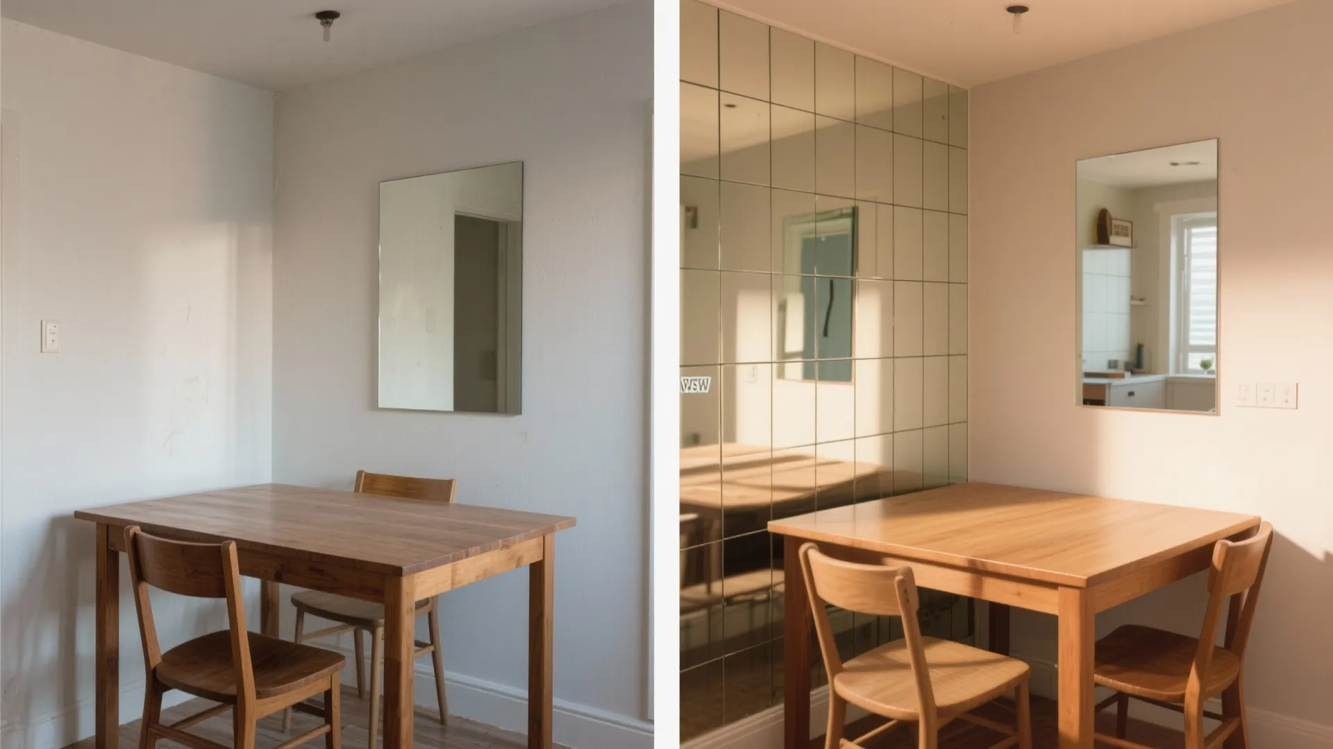 Side by side comparison of a small dining area with and without a large mirror