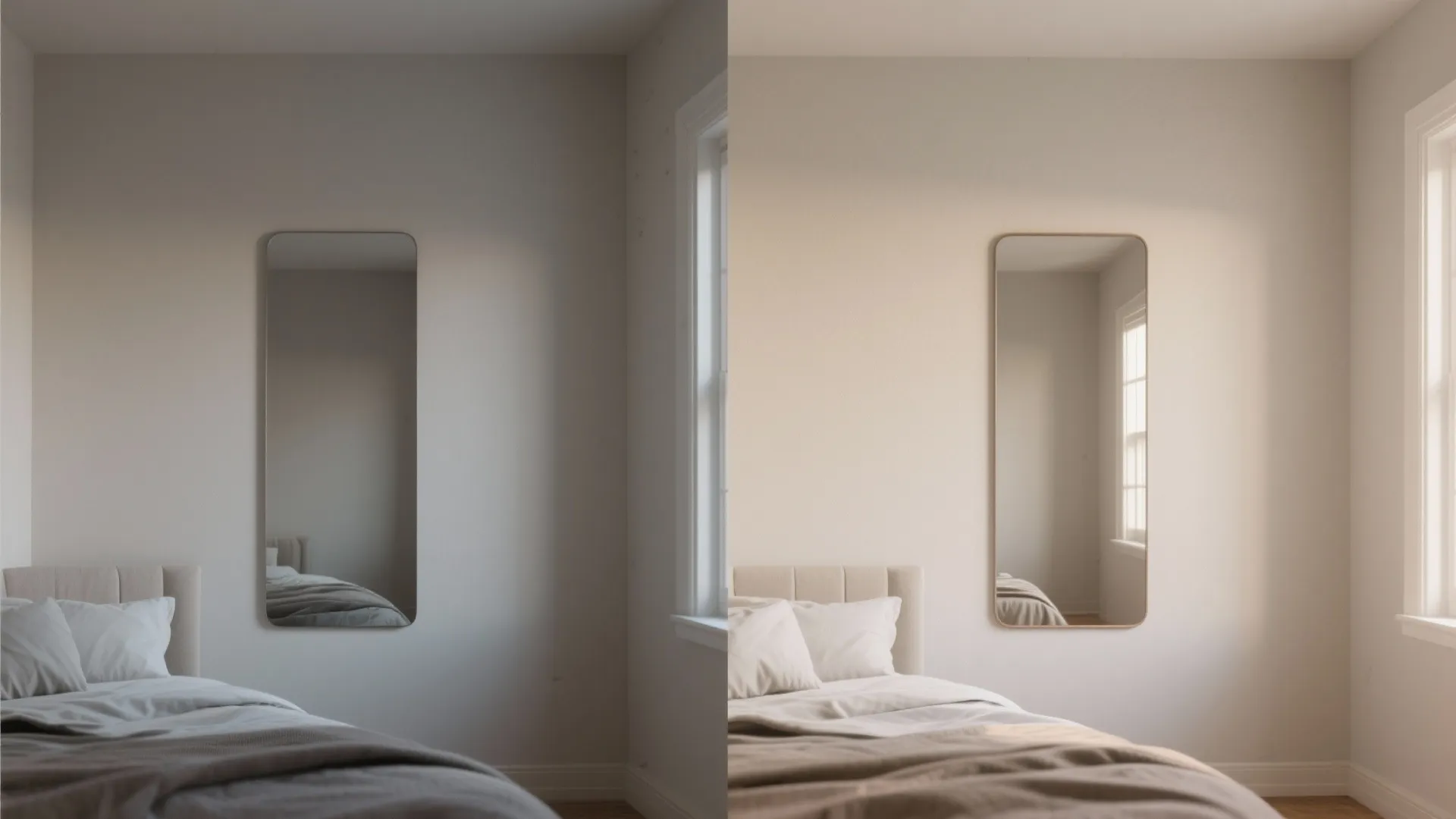 Side by side comparison of a dark bedroom versus a bright bedroom with wall mirror