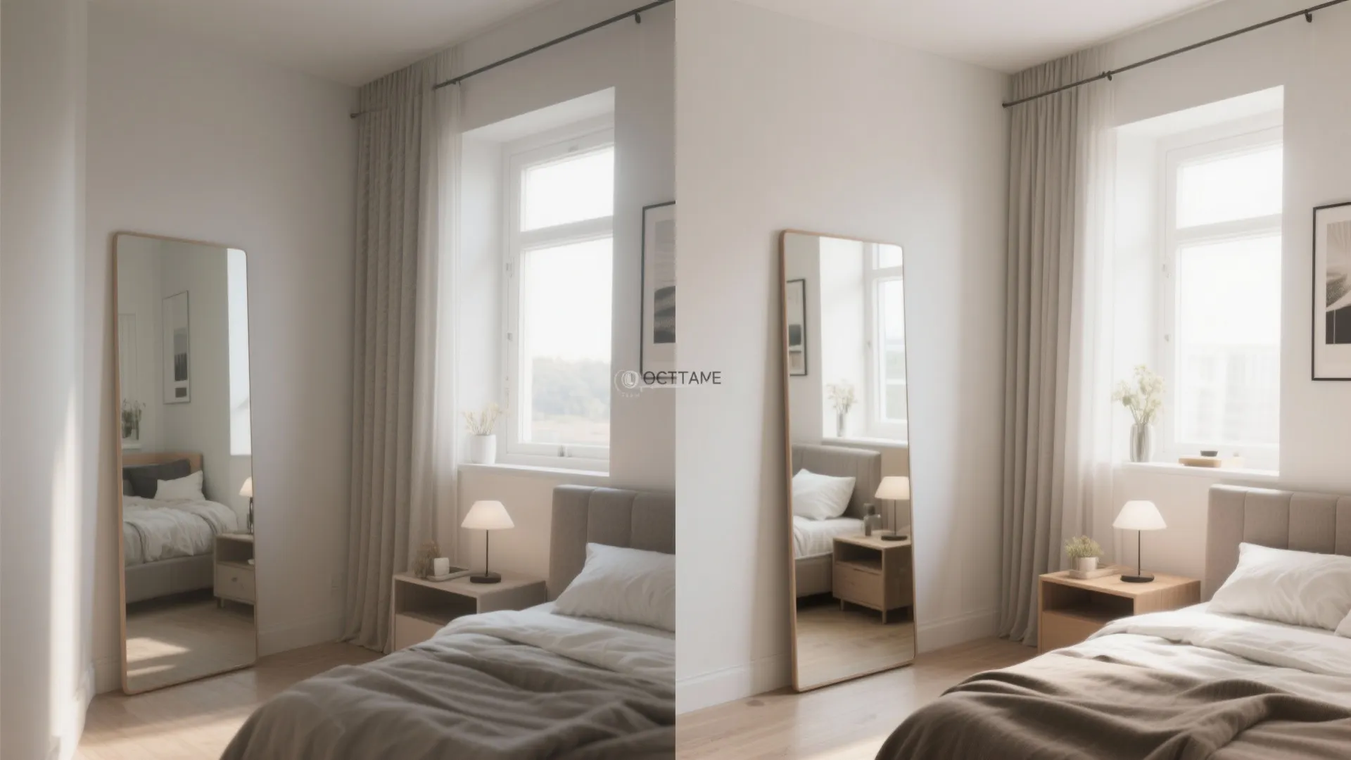 Before and after comparison of mirror placement in a cozy bedroom with bed and curtains