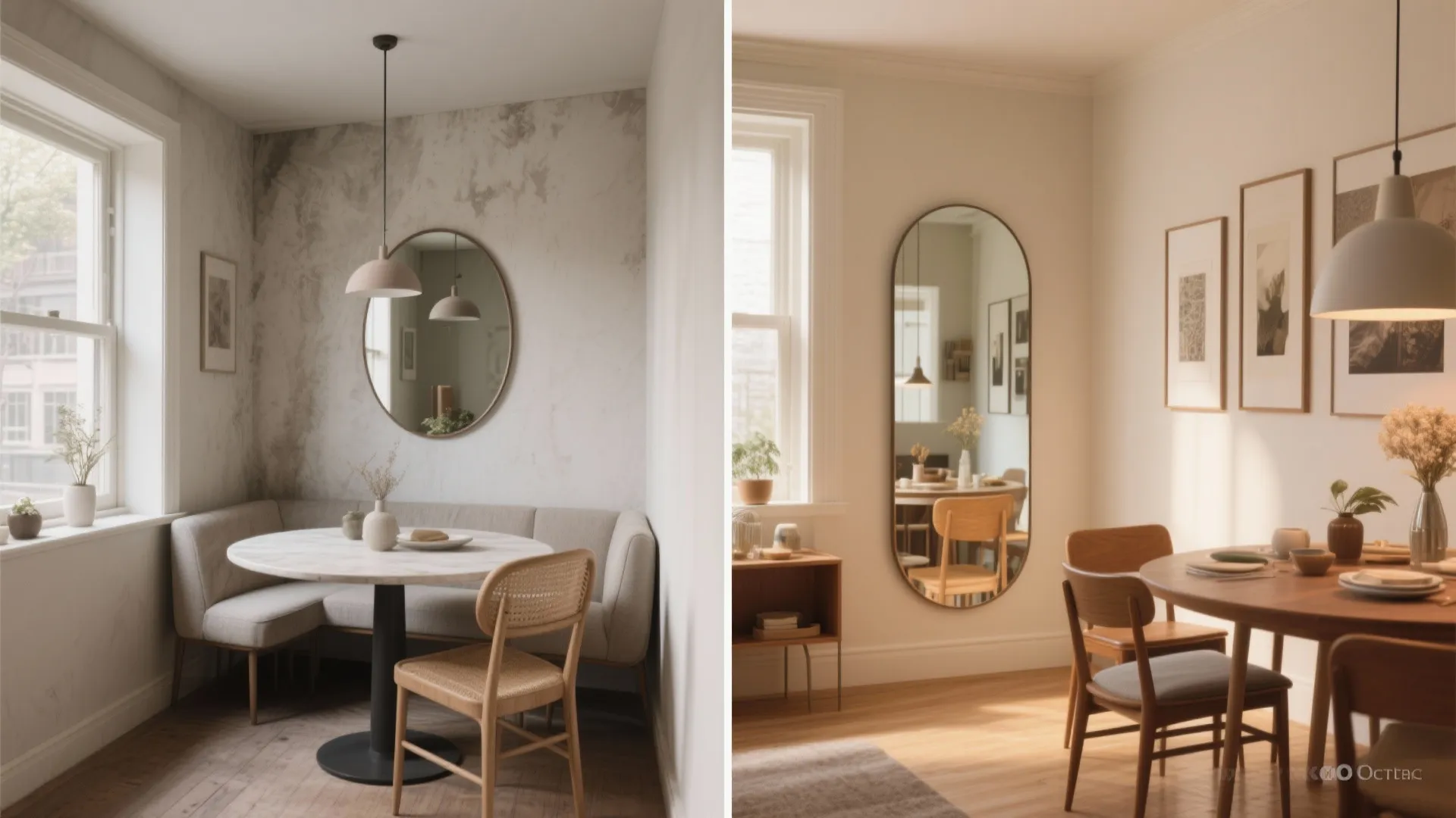 Side-by-side before and after of a small dining nook showing how mirrors increase perceived space and light.