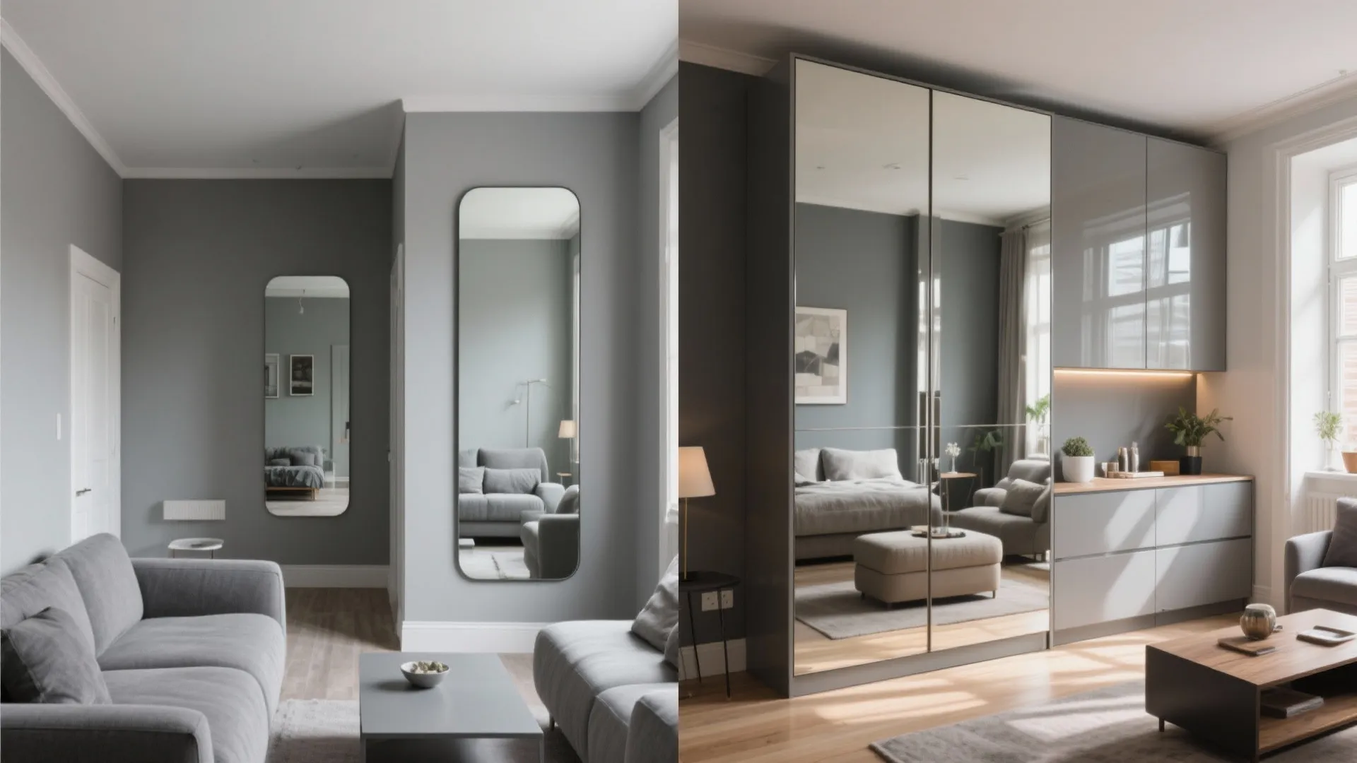 Side by side comparison of a living room with small mirror versus large mirrored cabinet