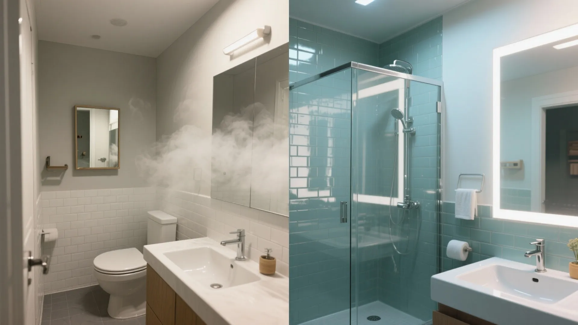 Before and after comparison of a bathroom renovation showing new blue tiles and LED mirror
