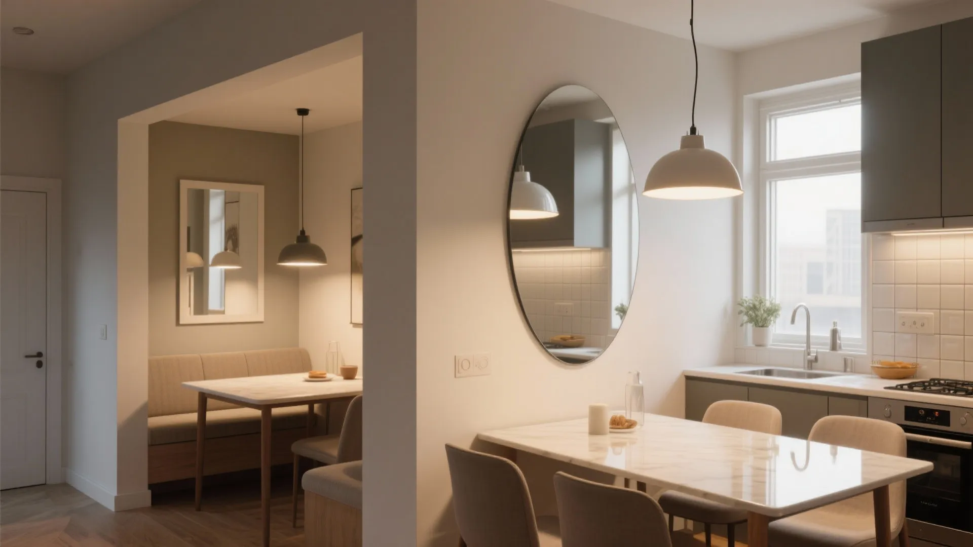 Modern kitchen and dining room layout with marble tables, grey chairs, ceiling lights, and mirror