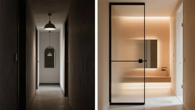 Modern Hallway & Bathroom Design with Frosted Glass Door