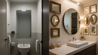 Elegant Bathroom Design with Gold Mirrors and Marble Countertop